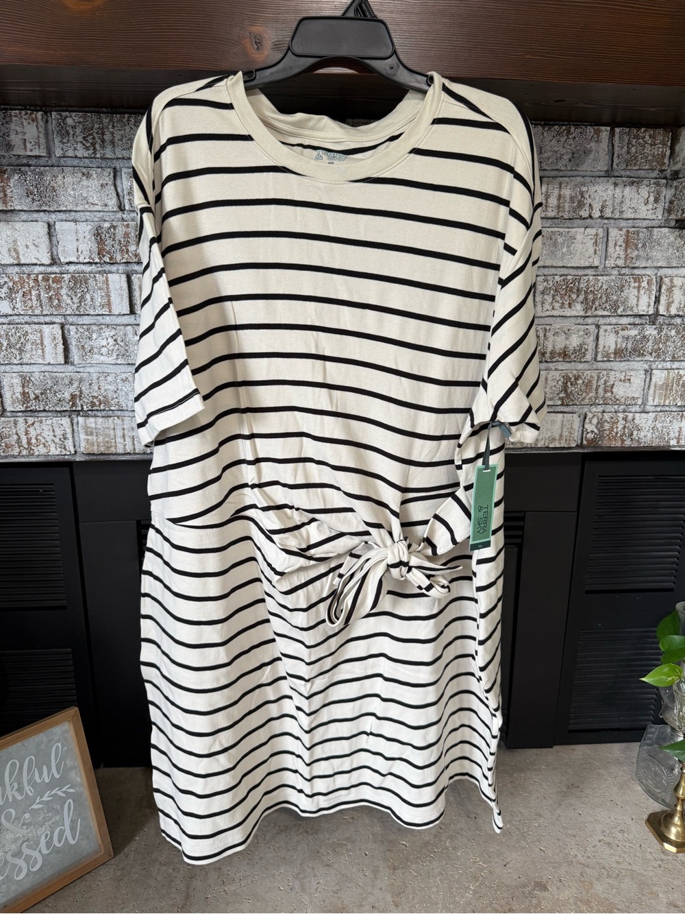 Black and Cream Striped Tie-Front Dress